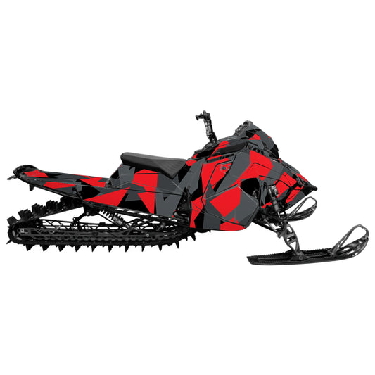 Snowmobile wrap for Polaris Matryx with camo pattern in the color red