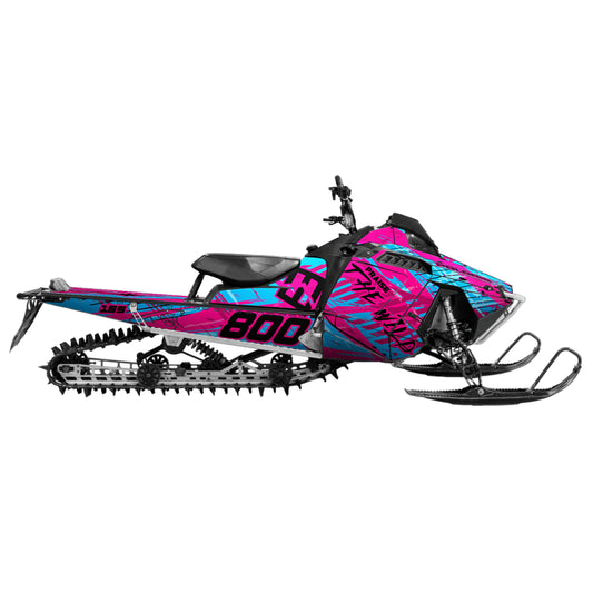 Snowmobile wrap for Polaris Pro with the Cybergrunge pattern in the color blue and pink