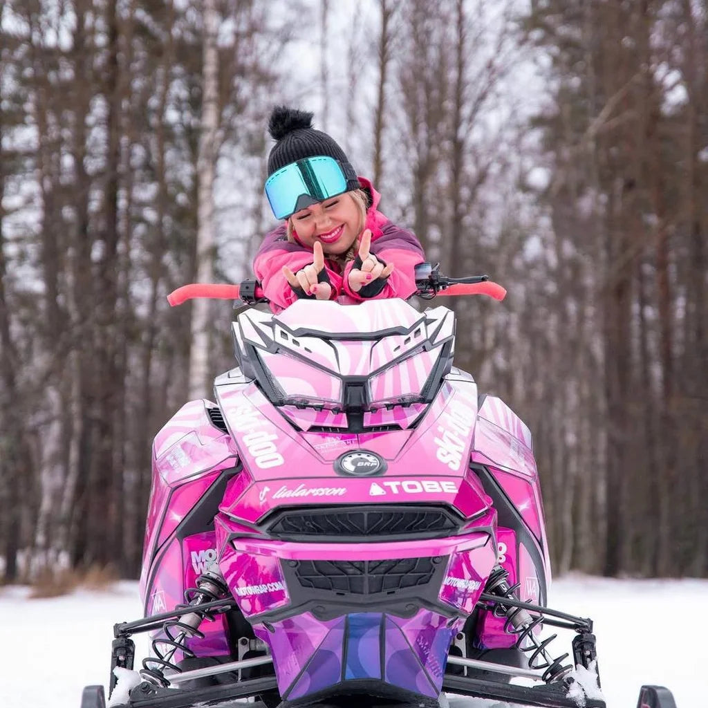 Lia Larsson with her Pink Warp Ski-Doo, front view