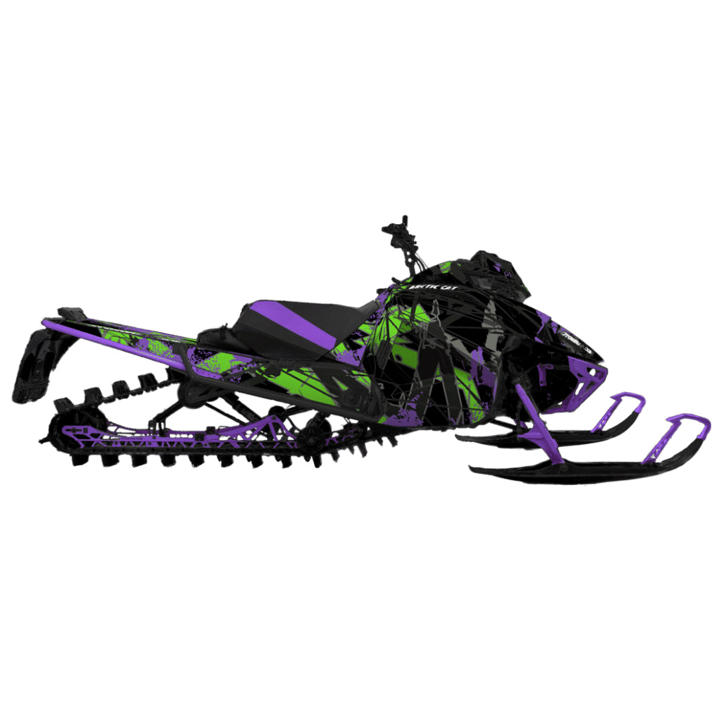 Snowmobile wrap for Arctic Cat Ascender with the Free to ride pattern in the colors green and purple