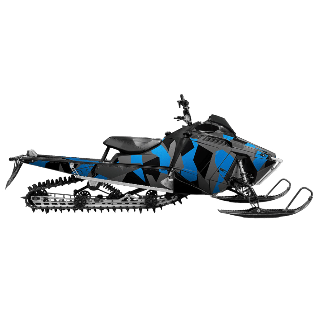 Snowmobile wrap for Polaris Pro with camo pattern in the color blue