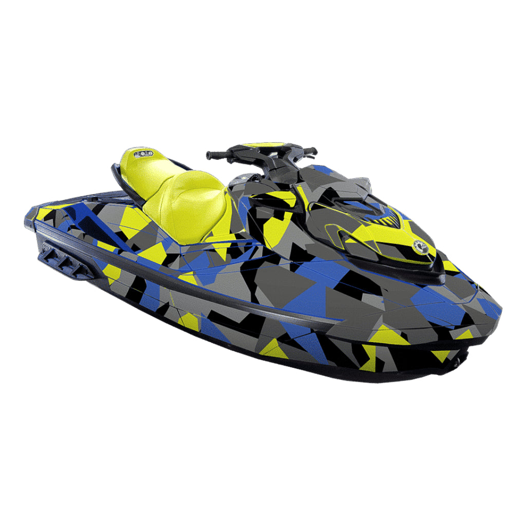 Jet ski wrap for Sea-doo GTI/GTR/Wake with camo pattern in blue and yellow