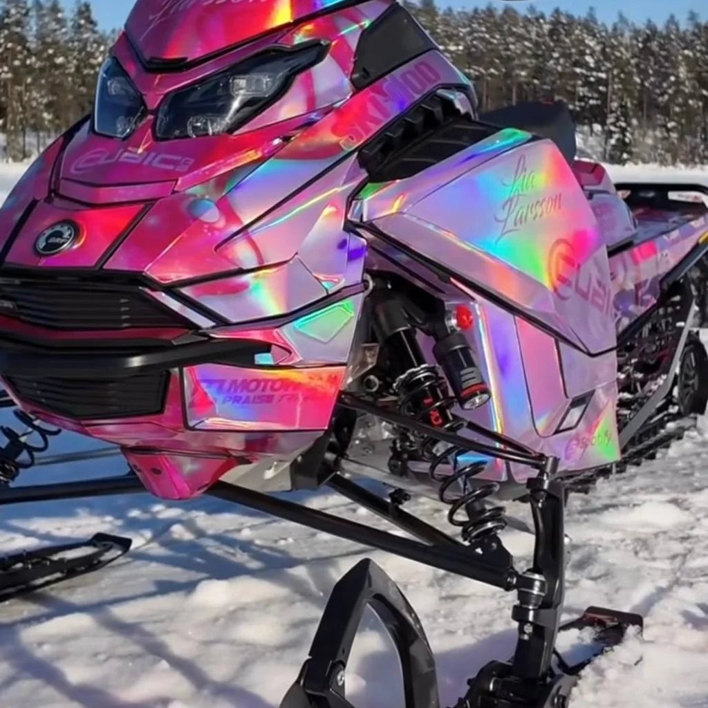 Lia Larsson's Drip Check Ski-Doo in holographic chrome, front